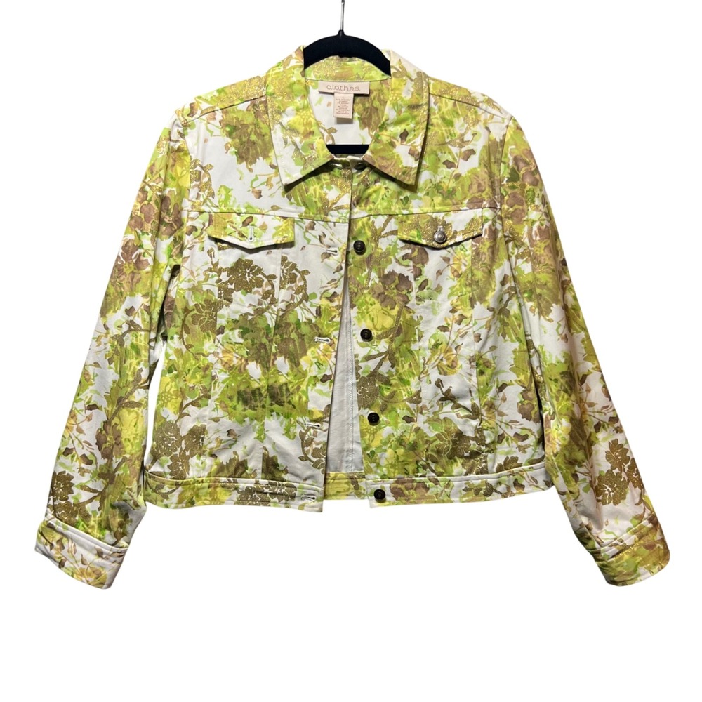 Metallic Floral Print Denim Jacket Green Gold Button Front Lightweight‎ Large